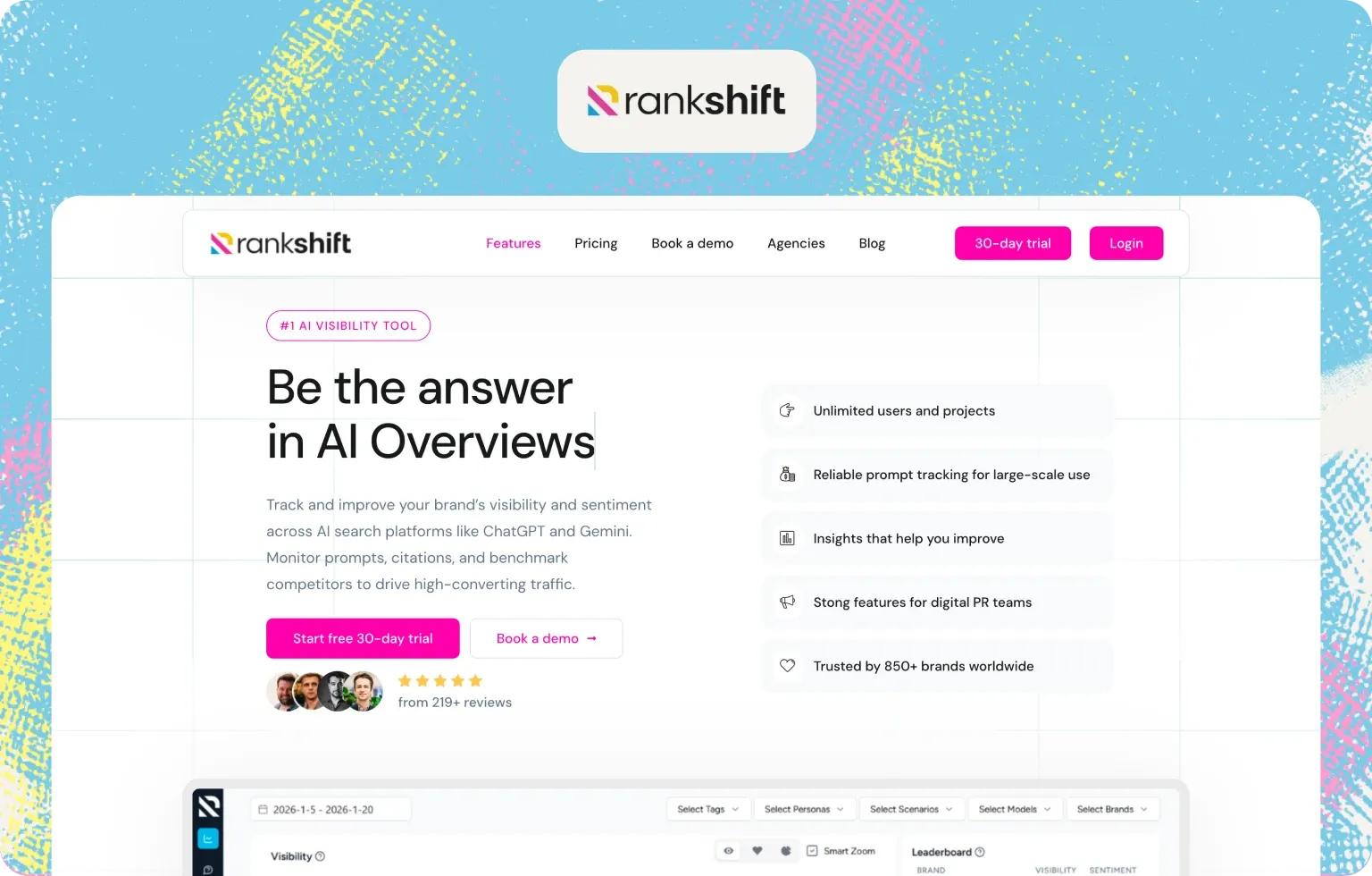 Rankshift home page, “Be the answer in AI Overviews”, offering unlimited users and projects and a 30-day free trial