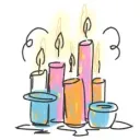Illustration of six stylized candles of different heights and colors, some lit and emitting yellow flames and light, arranged closely with wax drips around them.