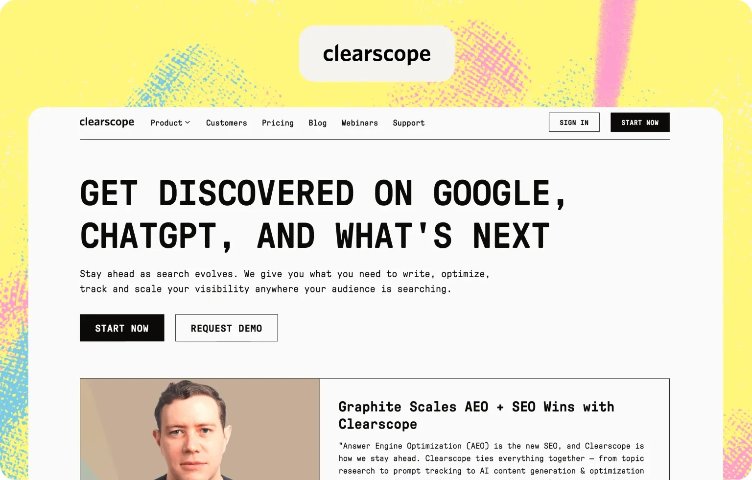 Clearscope homepage with the headline “Get discovered on Google, ChatGPT, and what's next”