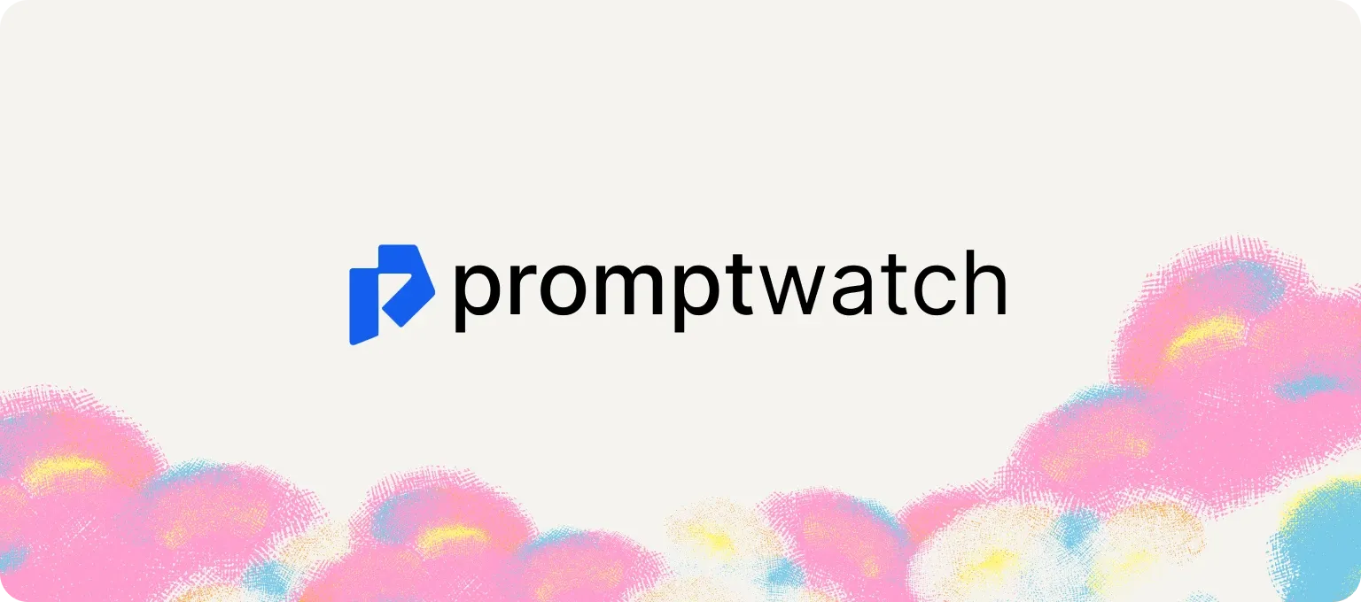 Promptwatch logo on a cream card above pink brush textures