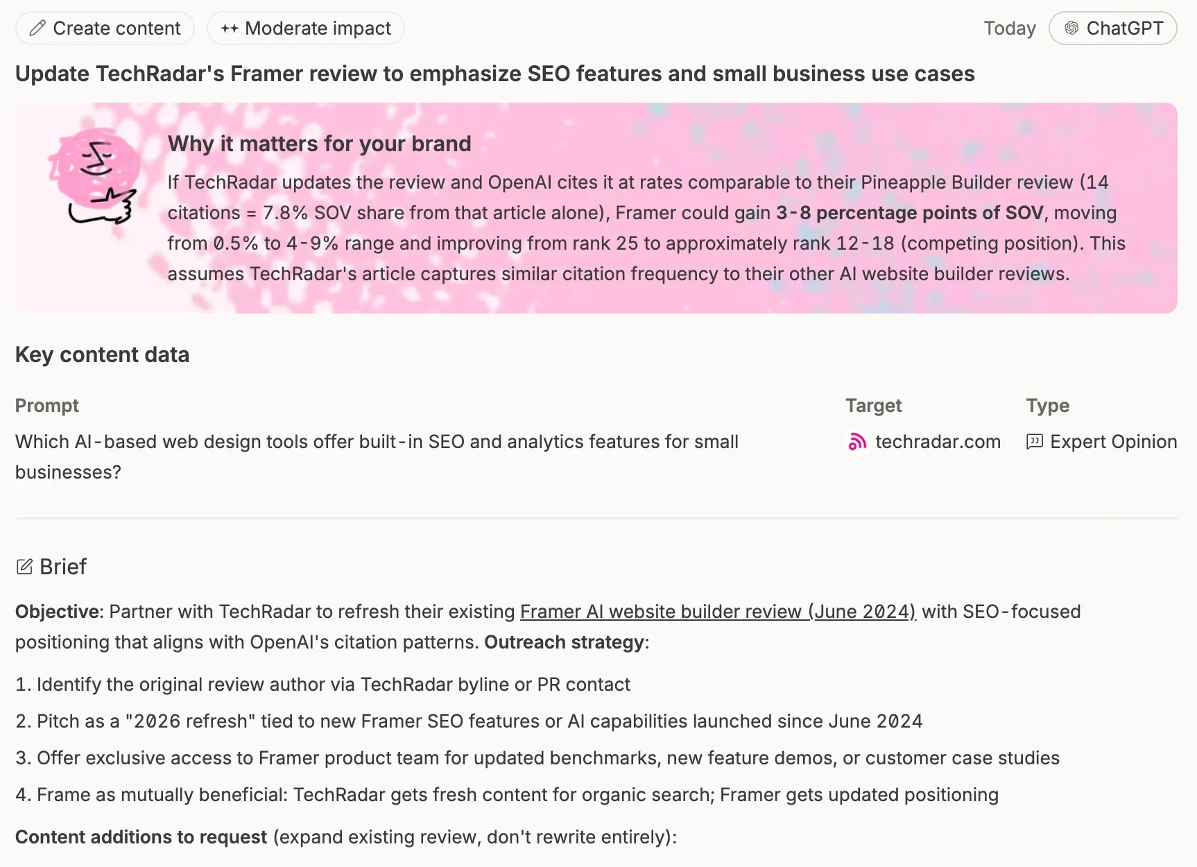 Omnia Insights recommendation projecting a 3–8 point share of voice gain for Framer if TechRadar updates its review, with the prompt, target and outreach brief