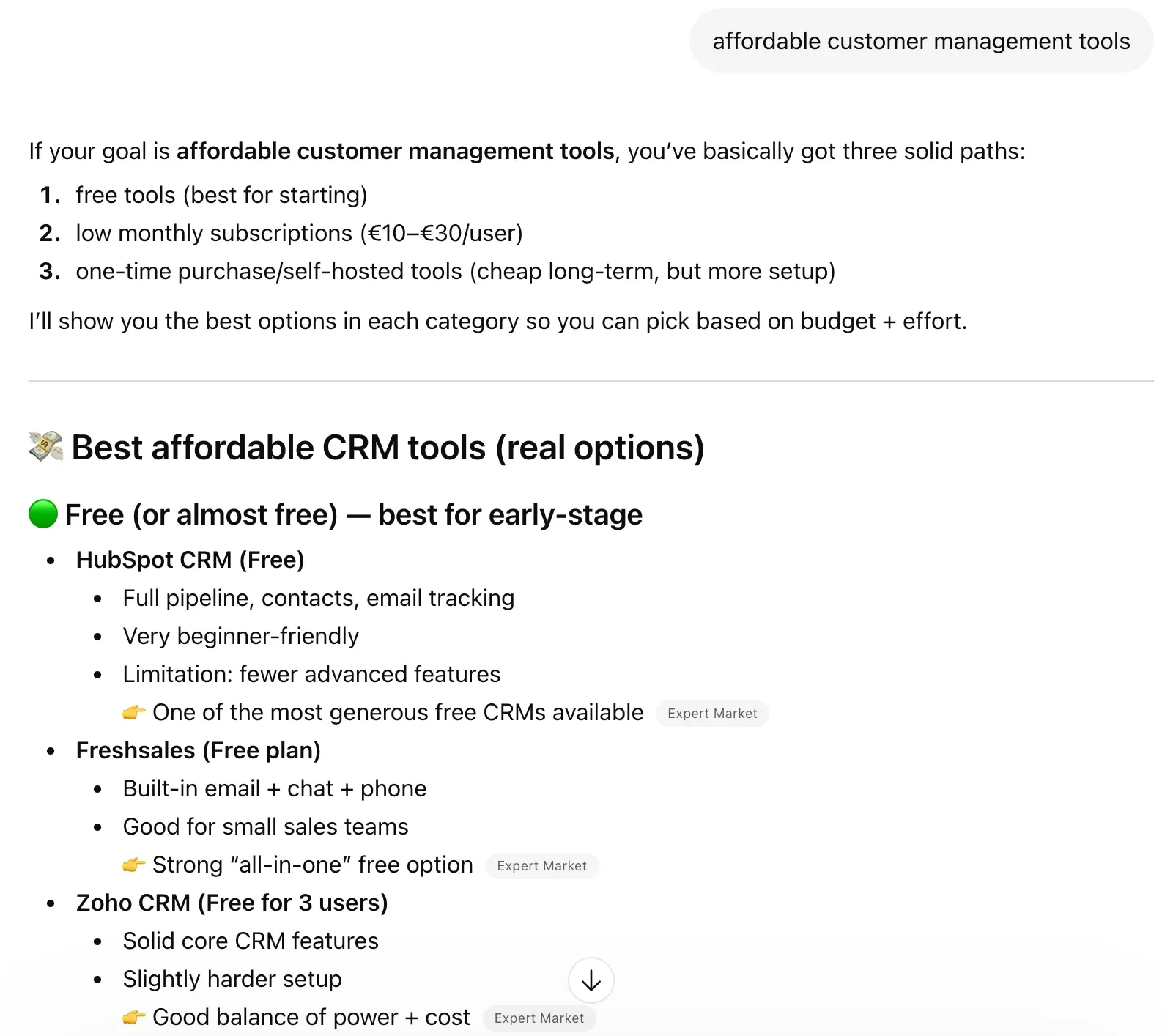 ChatGPT answer to the prompt “affordable customer management tools” listing HubSpot CRM, Freshsales and Zoho CRM free plans