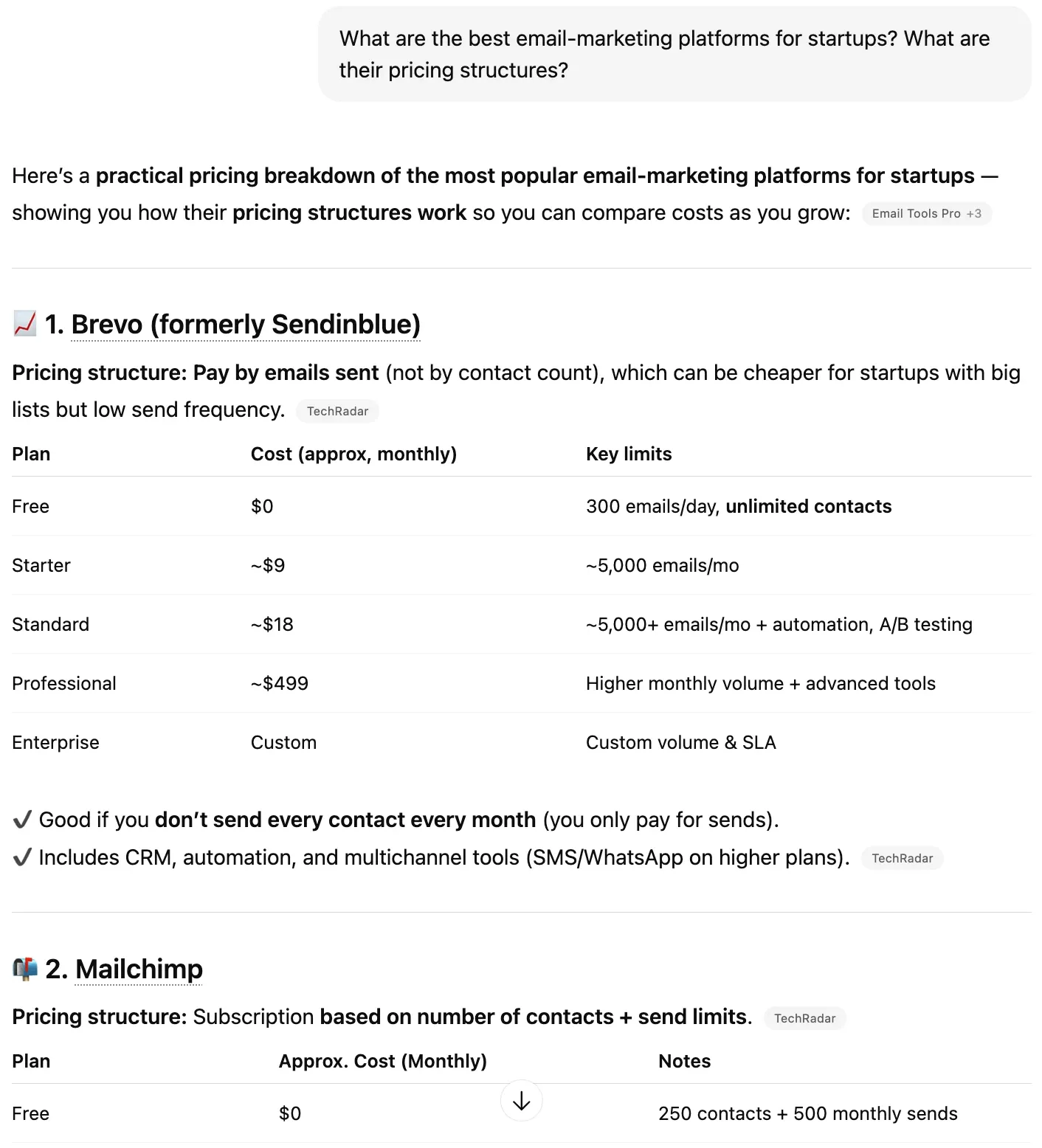 ChatGPT answer on the best email-marketing platforms for startups: Brevo first, then Mailchimp, with plan prices and TechRadar sources