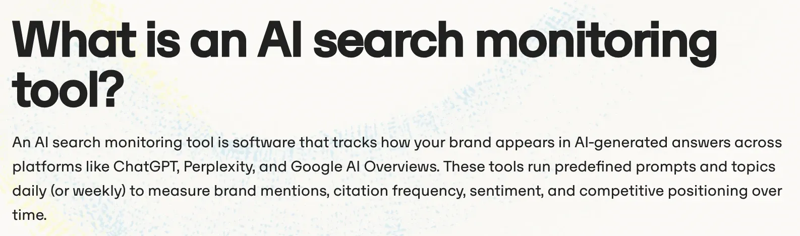 Sección de un artículo de Omnia que responde a «What is an AI search monitoring tool?» con una definición directa en su primera frase