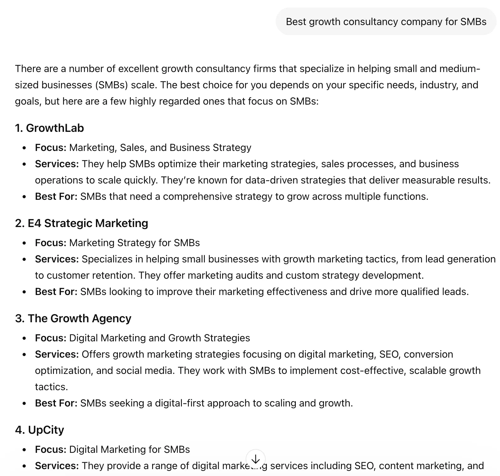 ChatGPT answer to the same prompt from a UK IP, recommending GrowthLab, E4 Strategic Marketing, The Growth Agency and UpCity instead