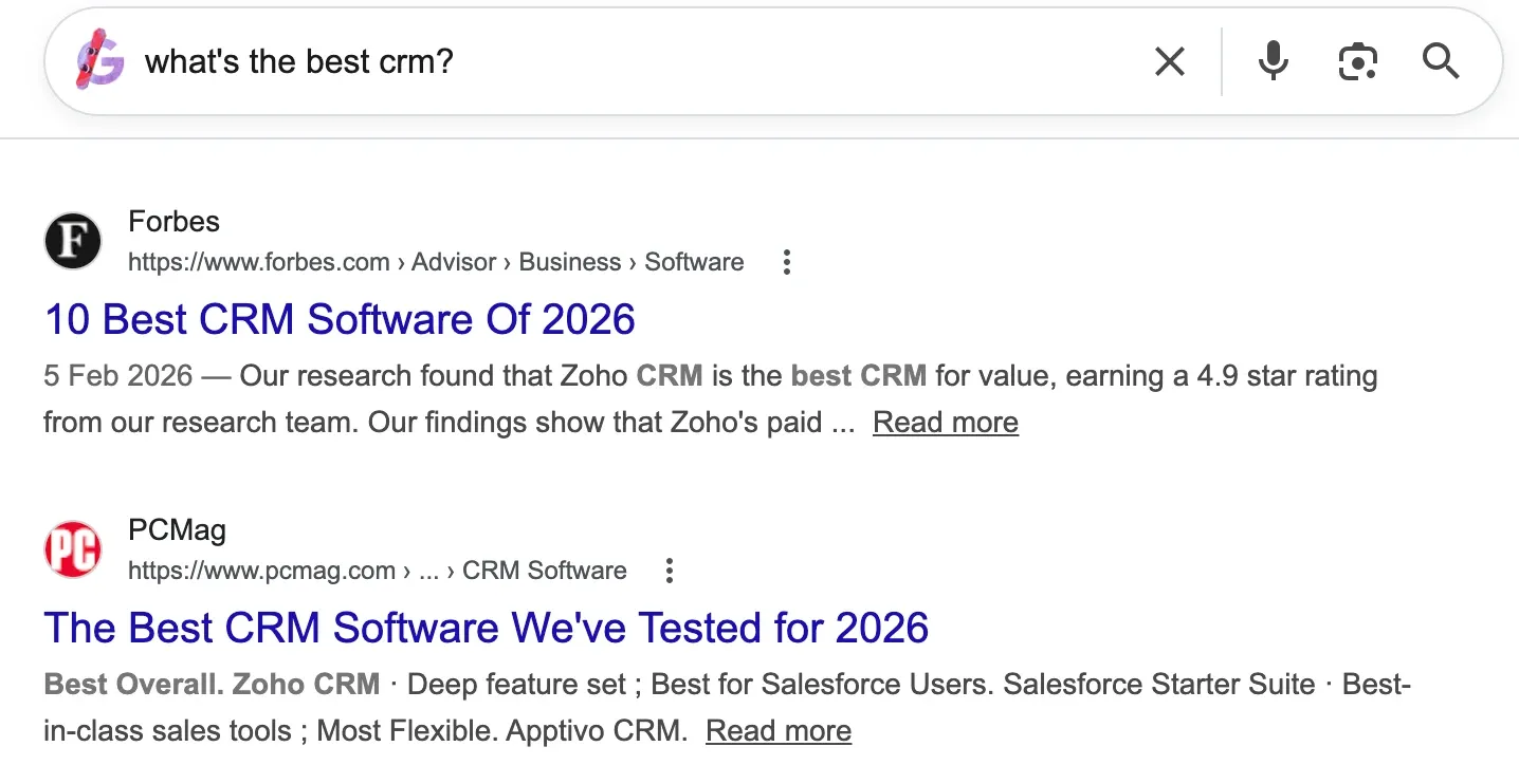 Google results for “what's the best crm?”: Forbes ranks first with its 10 best CRM software list and PCMag ranks second