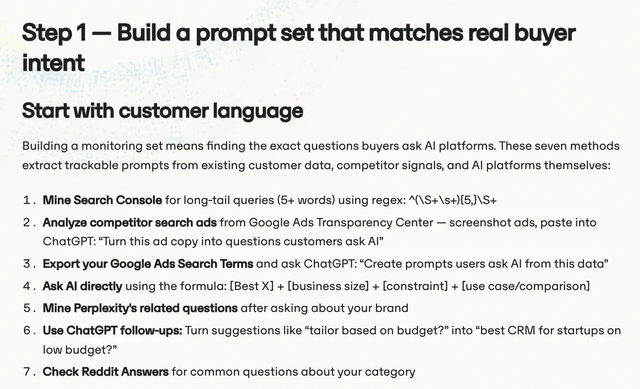 Paso de una guía de Omnia para crear un conjunto de prompts a partir del lenguaje del cliente, con siete métodos numerados como explotar Search Console o las preguntas relacionadas de Perplexity