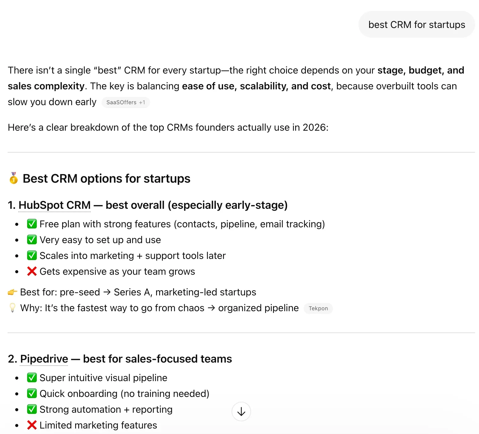 ChatGPT answer to the prompt “best CRM for startups” ranking HubSpot CRM first and Pipedrive second, with cited sources