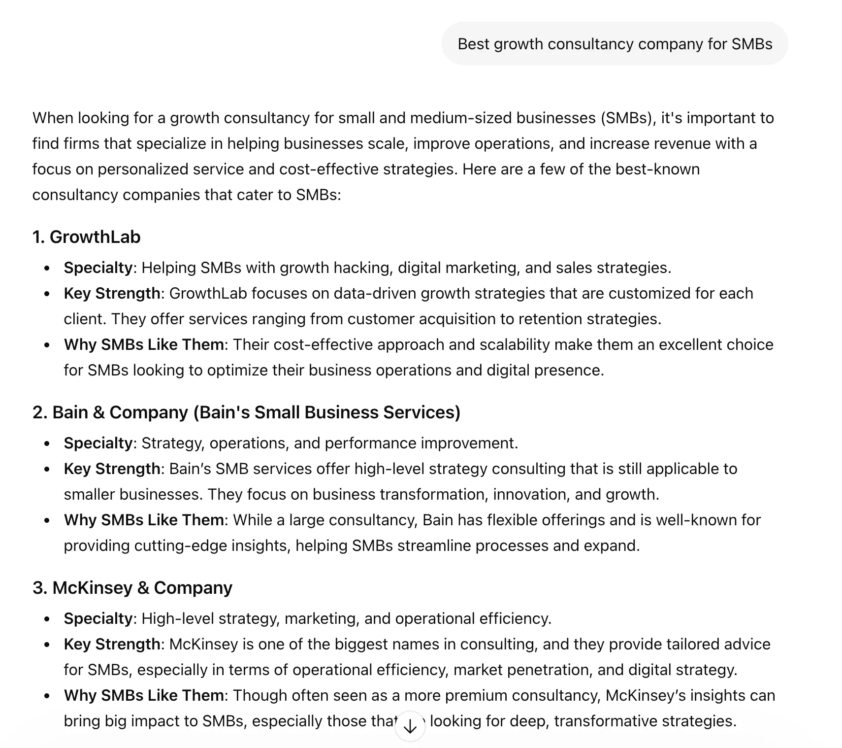 ChatGPT answer to "Best growth consultancy company for SMBs" from a US IP, recommending GrowthLab, Bain & Company and McKinsey & Company