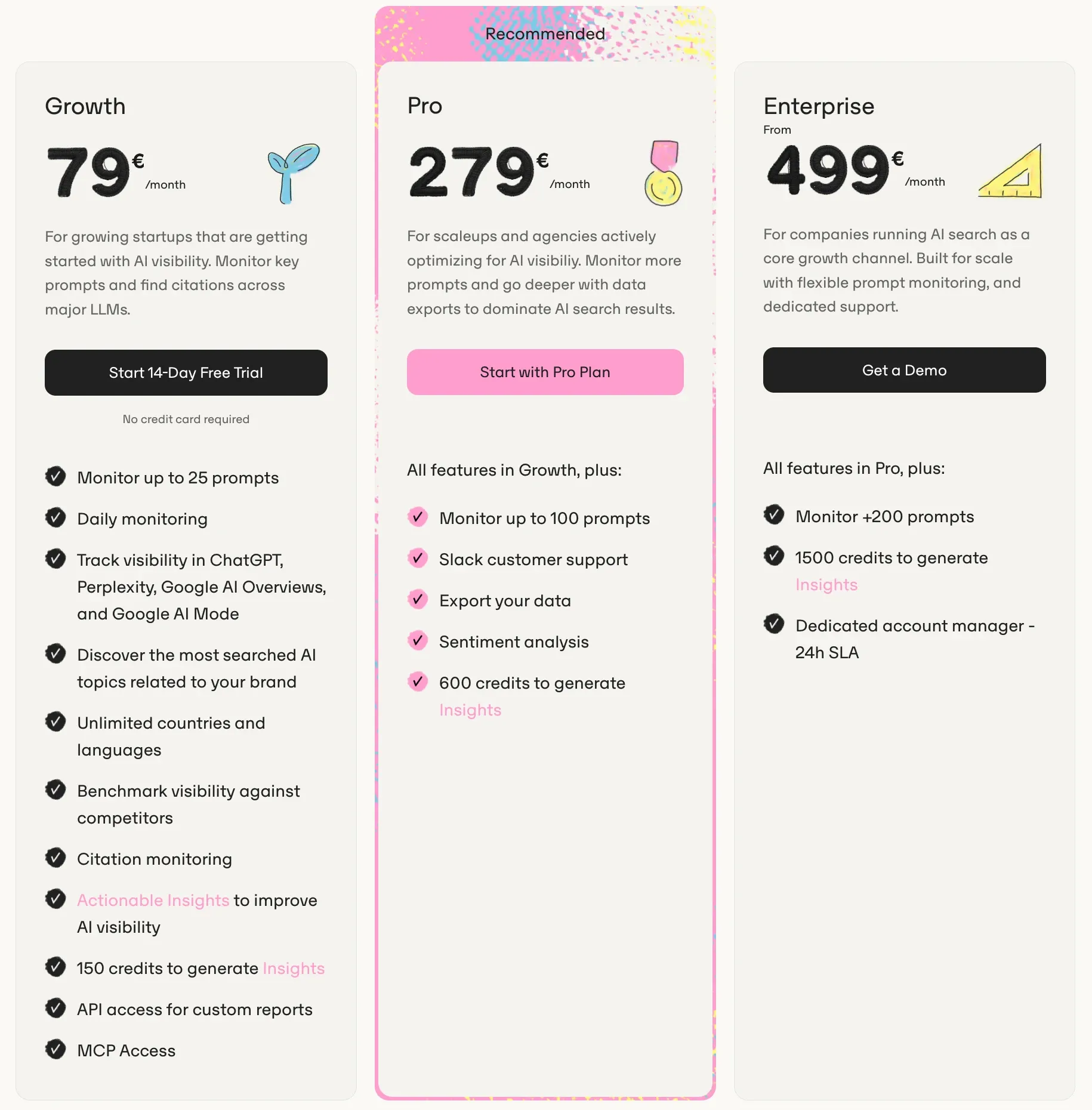 Omnia pricing plans: Growth at €79/month, Pro at €279/month and Enterprise from €499/month, with the prompts and features of each