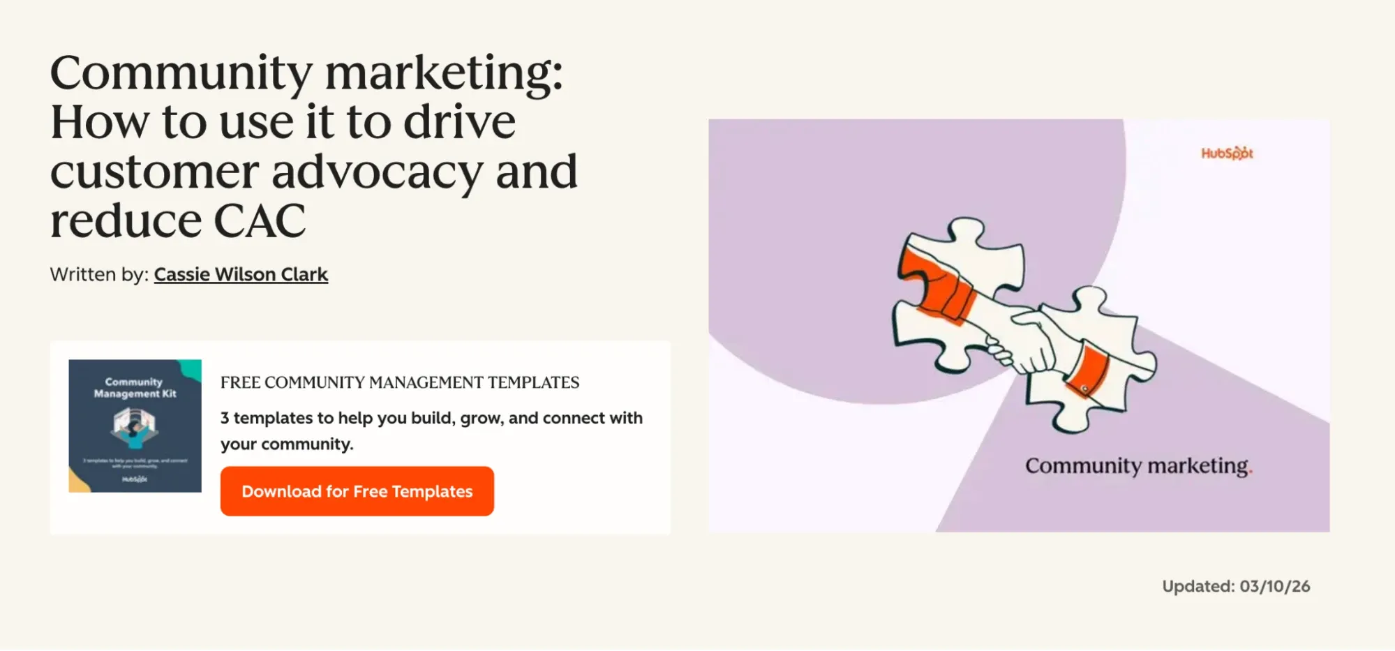 Artículo de HubSpot sobre community marketing con la fecha «Updated: 03/10/26» a la vista, un ejemplo de cómo señalar una actualización real