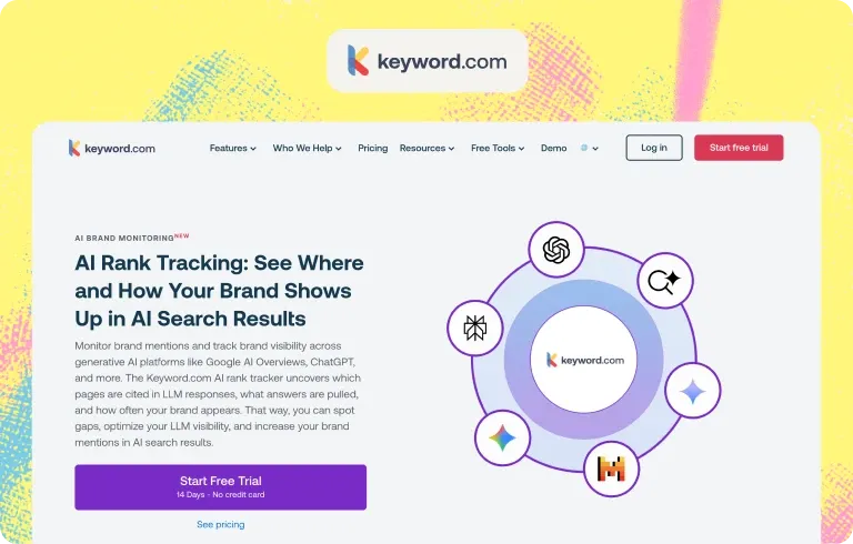 Keyword.com AI rank tracking page for monitoring brand mentions and cited pages in Google AI Overviews, ChatGPT and other AI engines