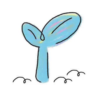 Ilustración sencilla de un pequeño brote azul con dos hojas que asoma de la tierra oscura sobre fondo negro.