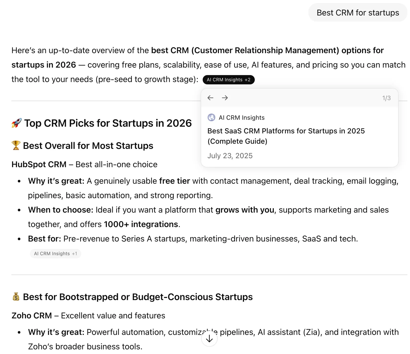The same “Best CRM for startups” prompt in a new ChatGPT chat now ranks HubSpot CRM best overall and Zoho CRM for budget-conscious startups, citing AI CRM Insights
