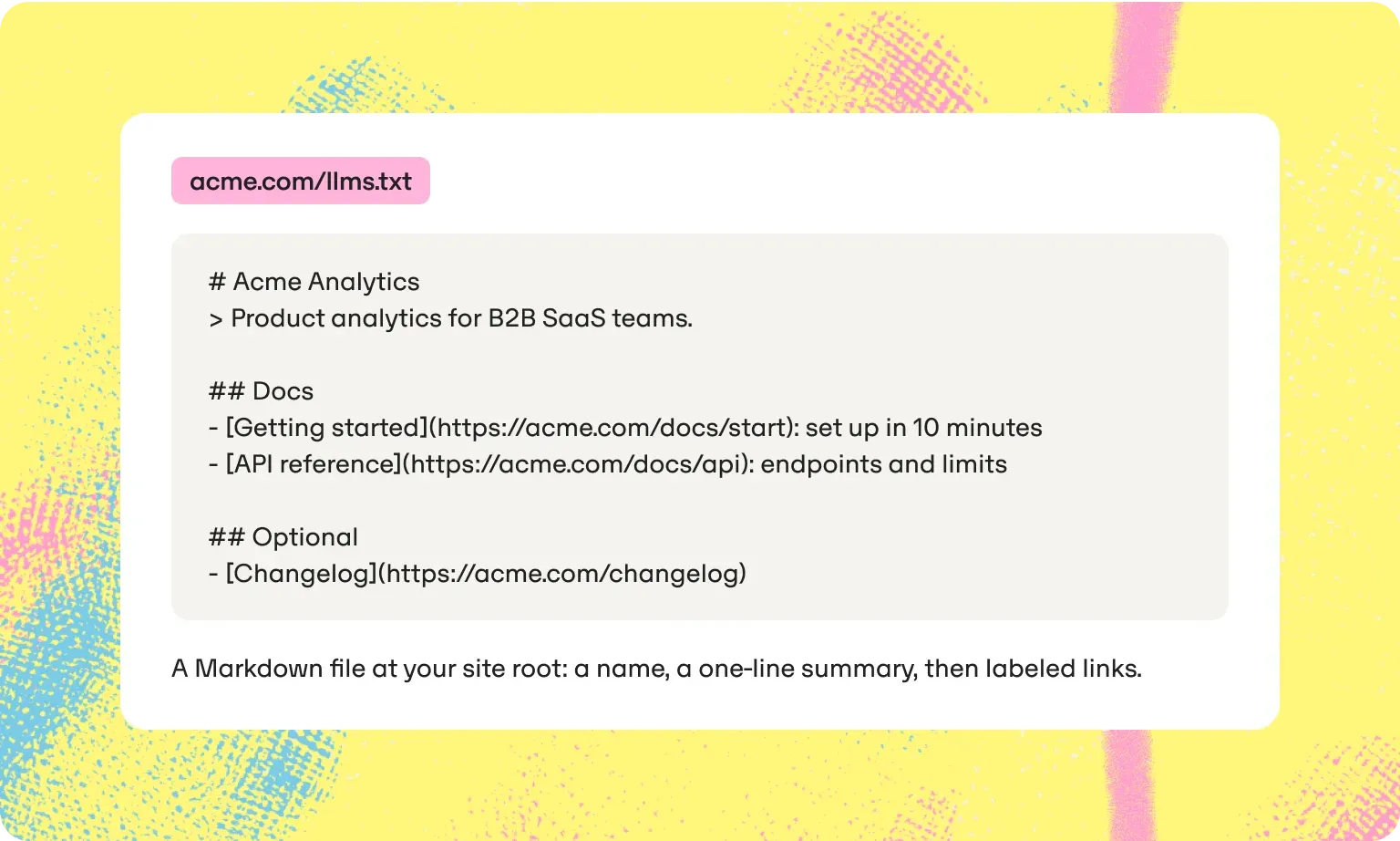 llms.txt file example with a name, a summary, a Docs section and an Optional section