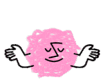 Animated pink textured face with closed eyes and a subtle smile, showing two black outlined arms open wide as if welcoming or meditating.