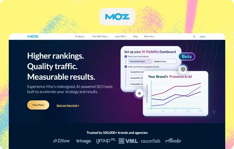 Moz homepage with its AI Visibility Dashboard beta: enter your brand and up to three competitors to chart your brand’s presence in AI