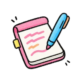Una libreta rosa con un bolígrafo azul escribiendo líneas de texto de colores.