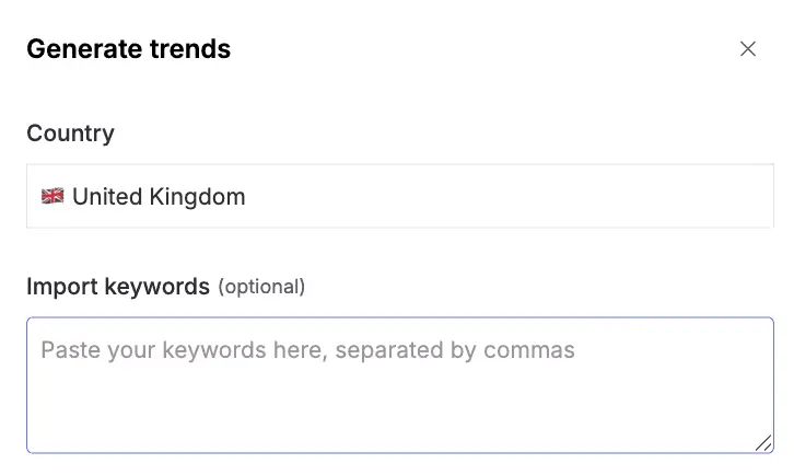 Omnia Trends "Generate trends" dialog with the country set to United Kingdom and an optional field to import comma-separated keywords