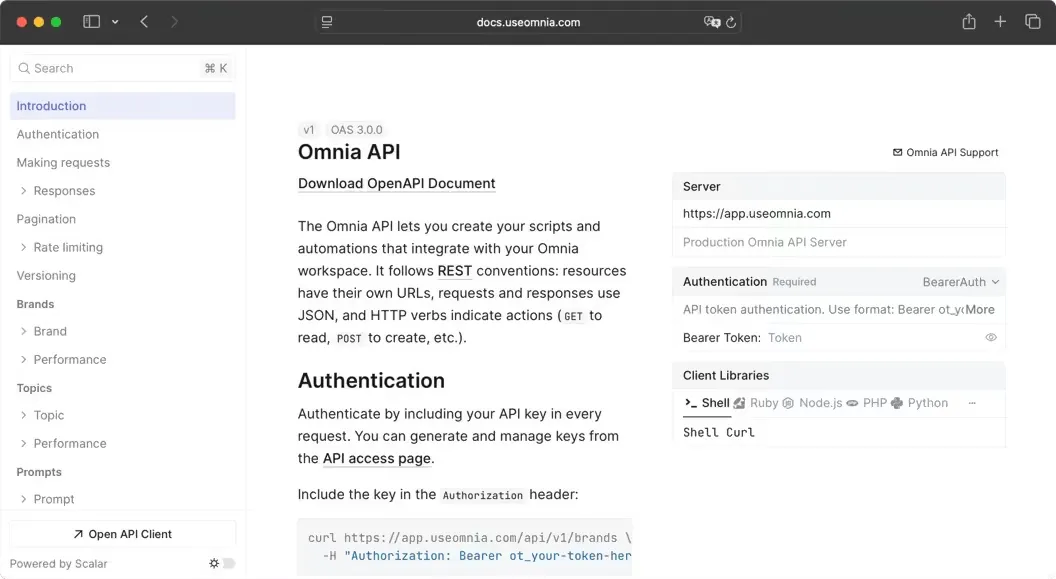 Omnia API reference at docs.useomnia.com showing the introduction, bearer token authentication, server URL and client libraries for Shell, Ruby, Node.js, PHP and Python