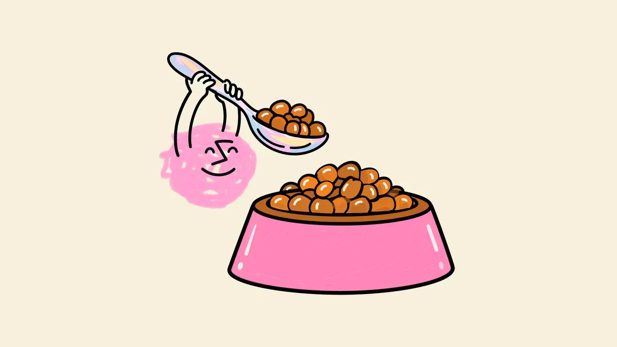 Illustration of the Omnia character holding a spoonful of kibble over a full pink dog bowl, a nod to Omnia eating its own dog food with Omnia Agent.