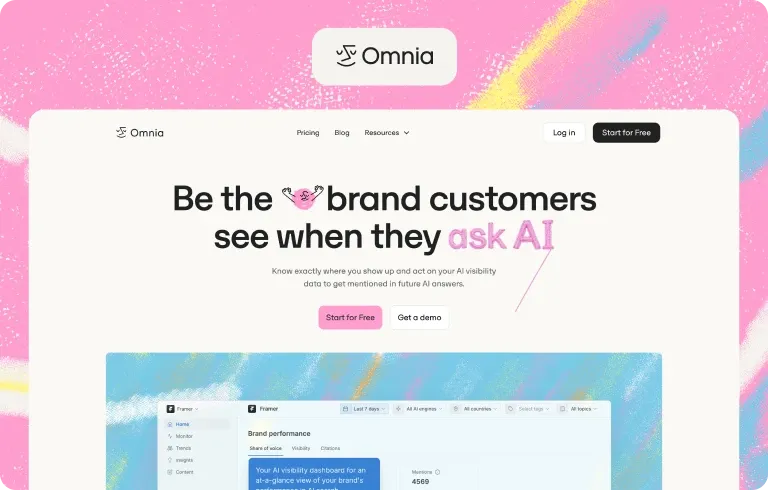 Omnia homepage, “Be the brand customers see when they ask AI”, above a brand performance dashboard with share of voice, visibility and citations tabs