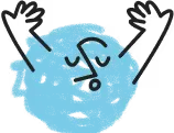 Blue circular shape with a black pattern of lines and dots resembling abstract musical notes or symbols inside it.