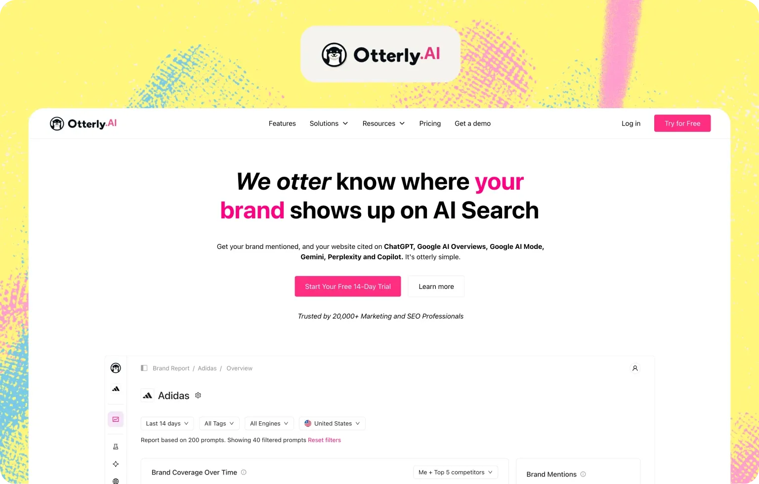 Otterly.AI homepage on tracking brand mentions in ChatGPT, Google AI Overviews, AI Mode, Gemini, Perplexity and Copilot, above a brand report