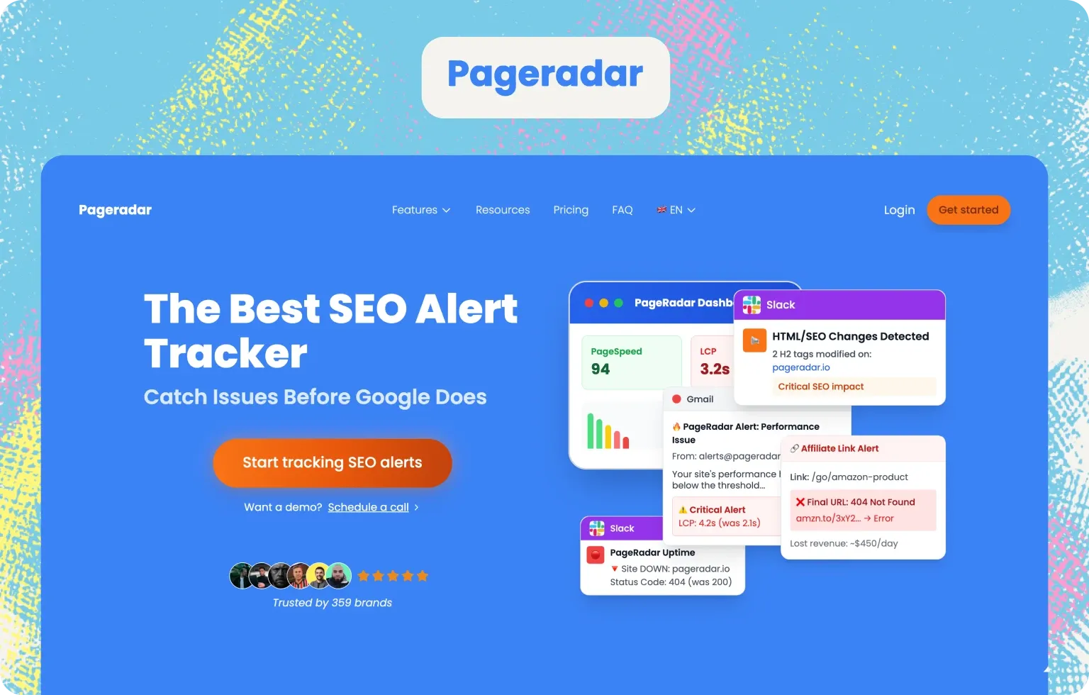 Pageradar homepage: “The best SEO alert tracker”, with Slack and Gmail alerts for page speed, SEO changes, downtime and broken affiliate links