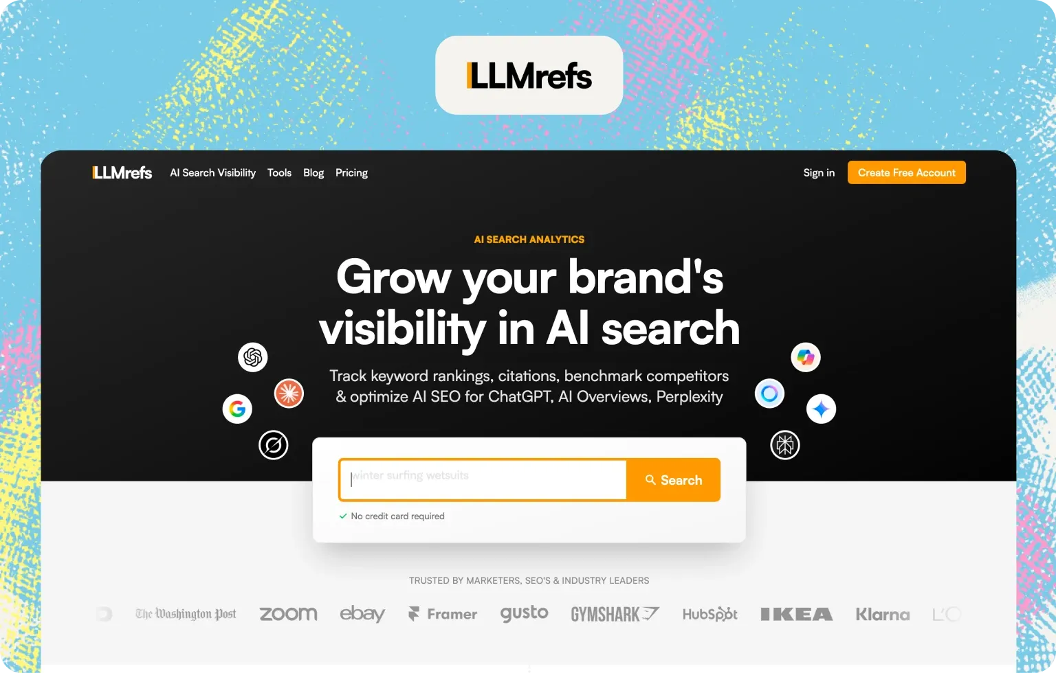 LLMrefs homepage, "Grow your brand's visibility in AI search", with a keyword search box and AI engine icons