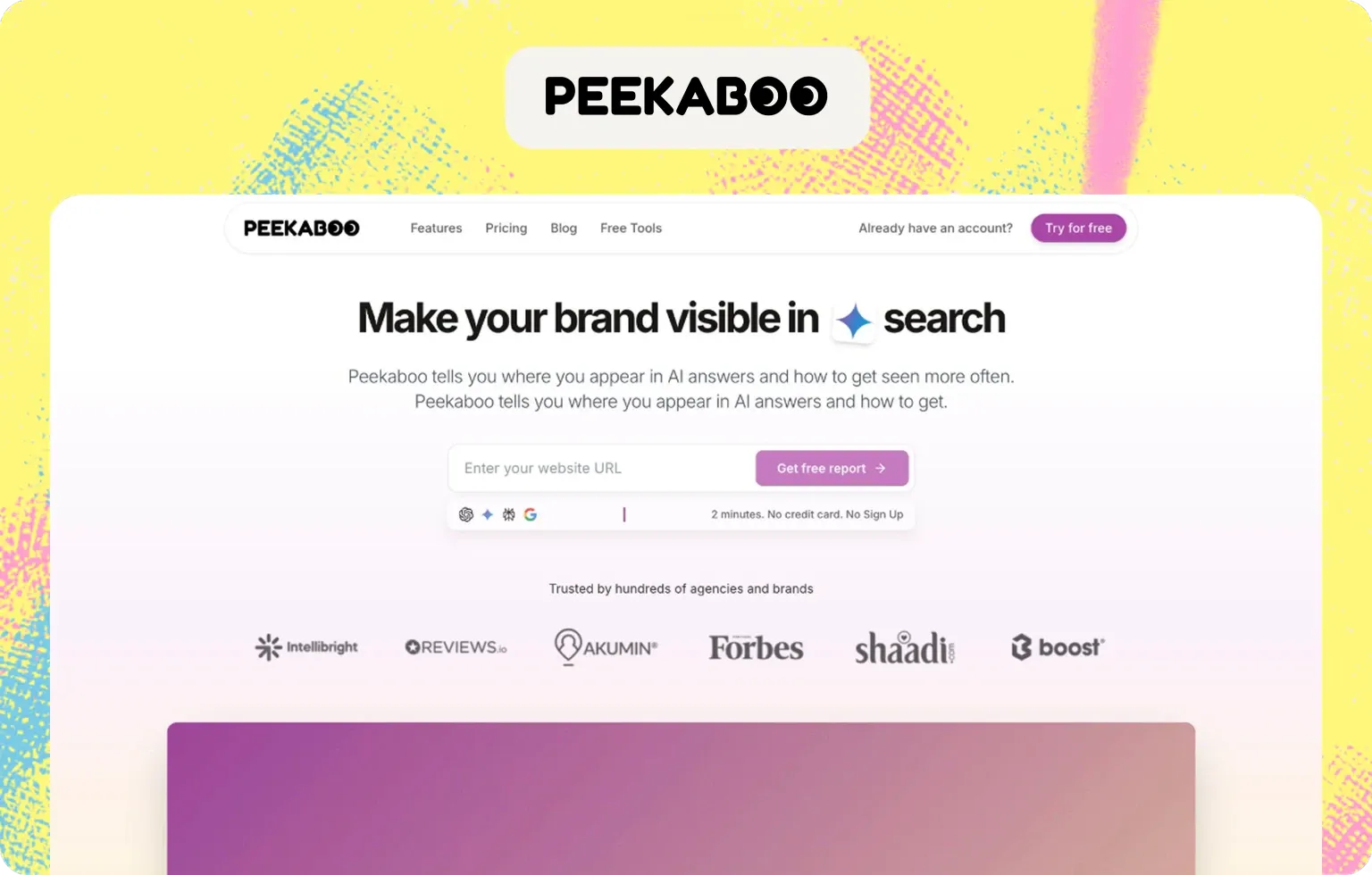 Peekaboo home page: “Make your brand visible in AI search”, with a free report form and logos of brands such as Forbes and Reviews.io