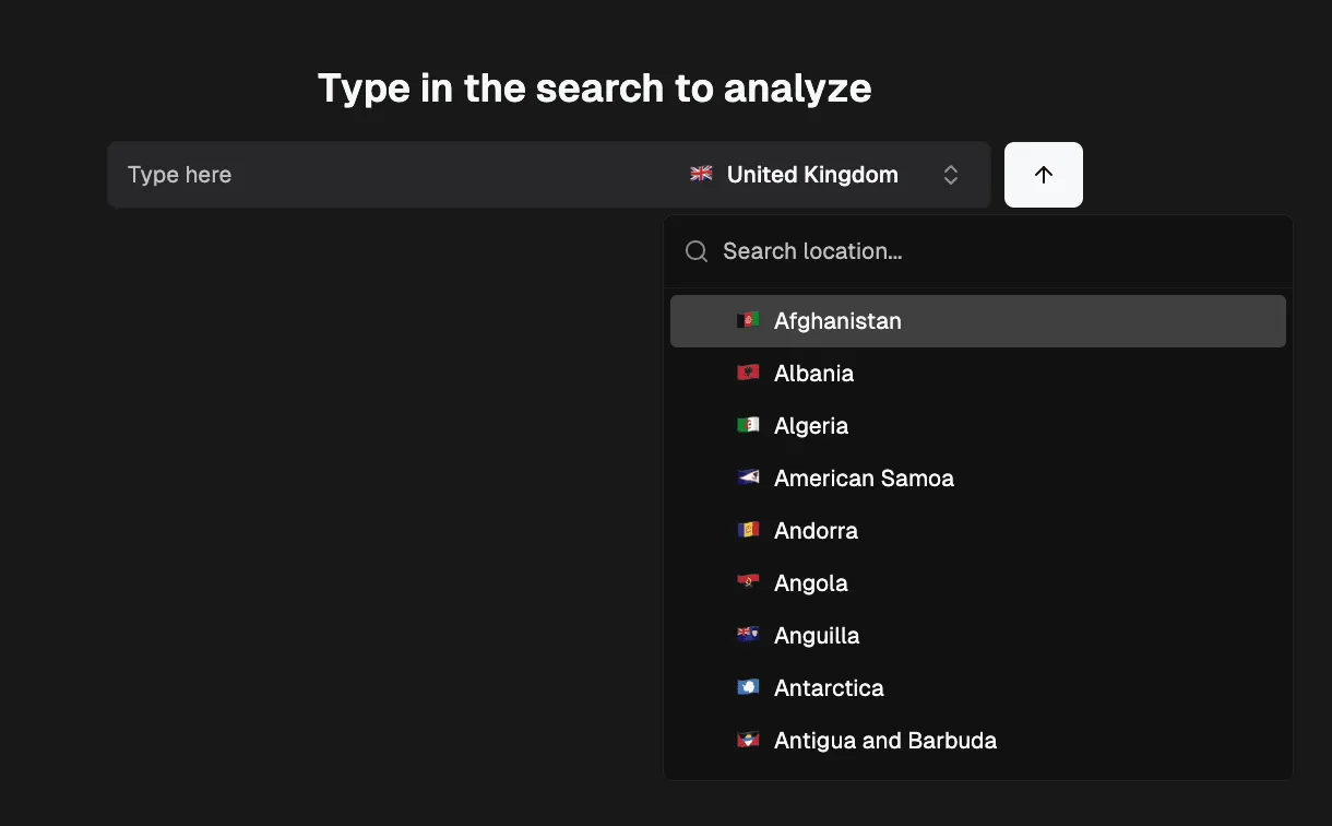 Omnia search box to analyze a query, with the location selector set to United Kingdom and a dropdown listing other countries