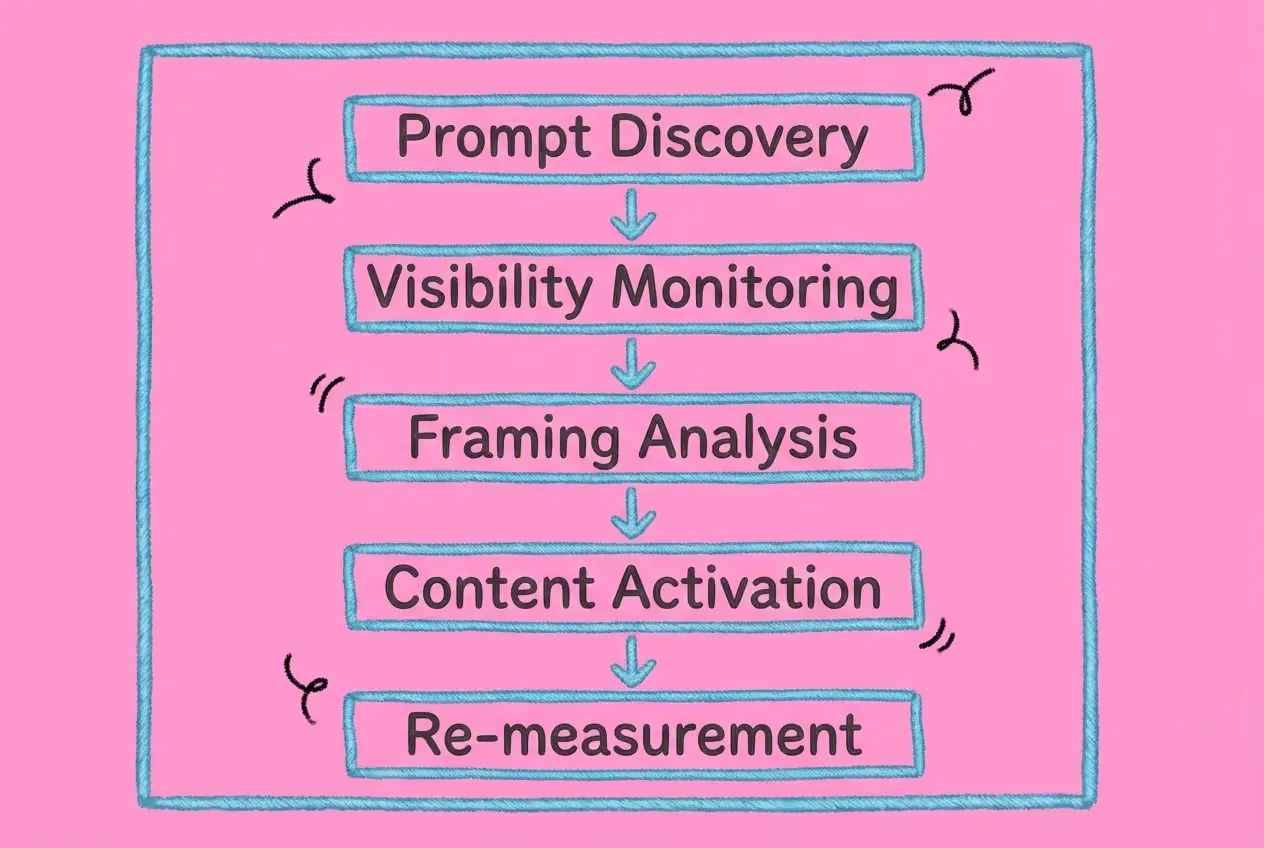 Flowchart of the Product Hackers AI visibility workflow: Prompt Discovery, Visibility Monitoring, Framing Analysis, Content Activation and Re-measurement