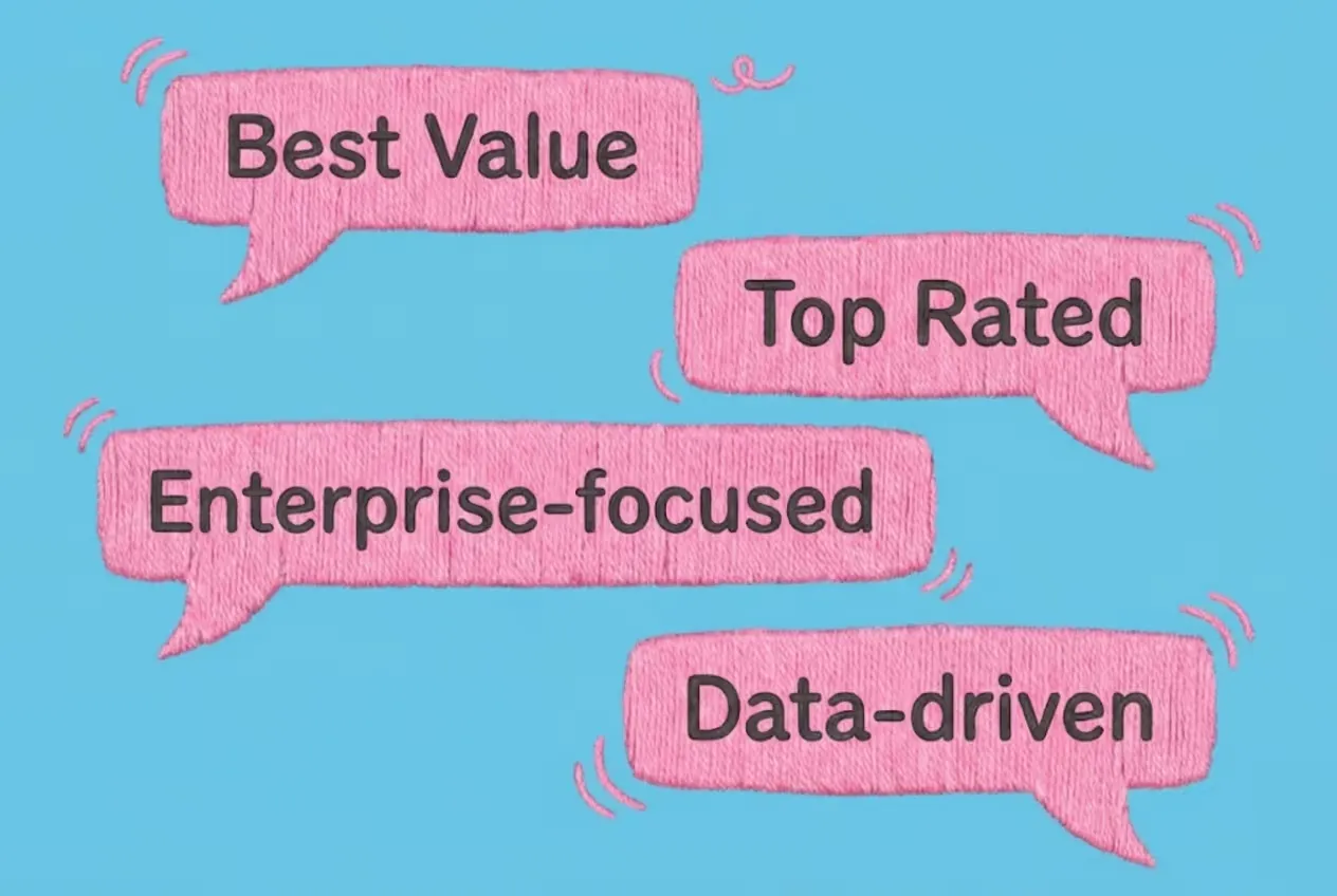 Speech bubbles with positioning labels AI answers attach to brands: Best Value, Top Rated, Enterprise-focused and Data-driven