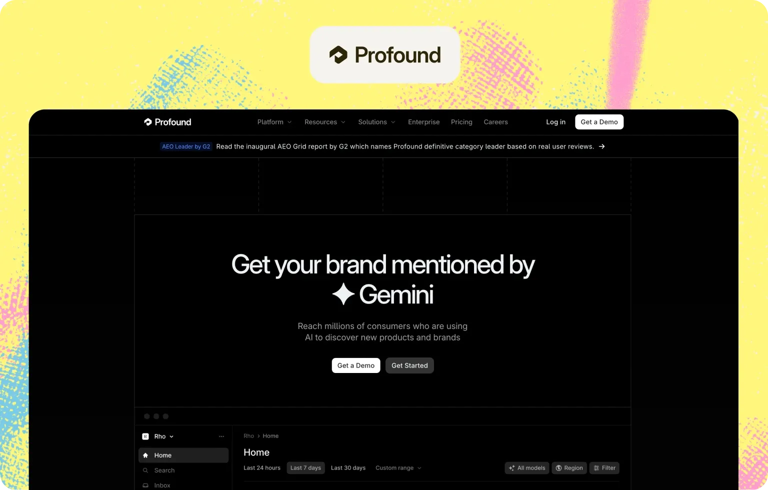 Profound homepage: “Get your brand mentioned by Gemini”, under a banner naming Profound the AEO category leader on G2