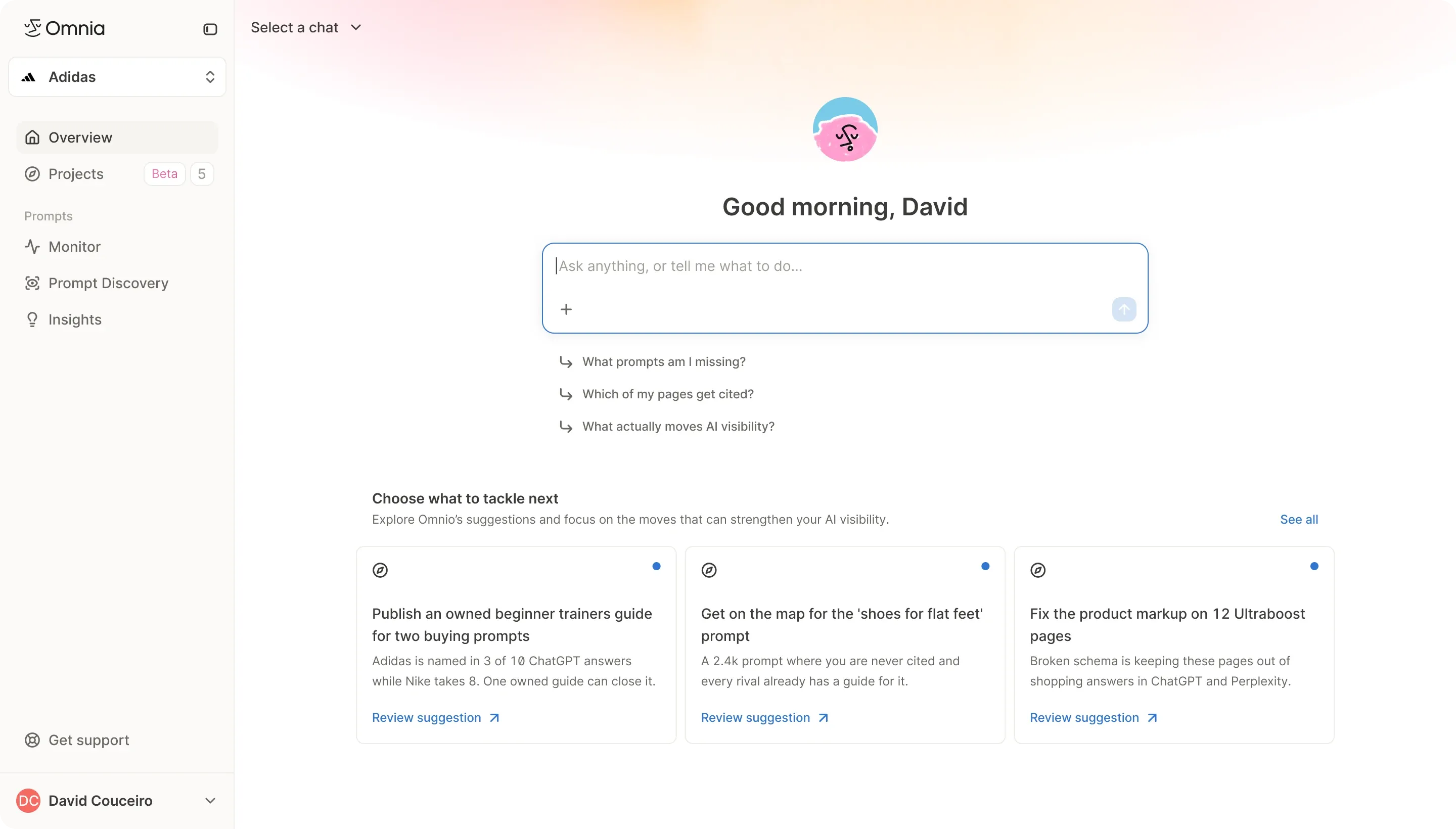 Omnia Home for Adidas with three suggested project cards, such as publishing a beginner trainers guide because Adidas appears in 3 of 10 ChatGPT answers versus Nike's 8
