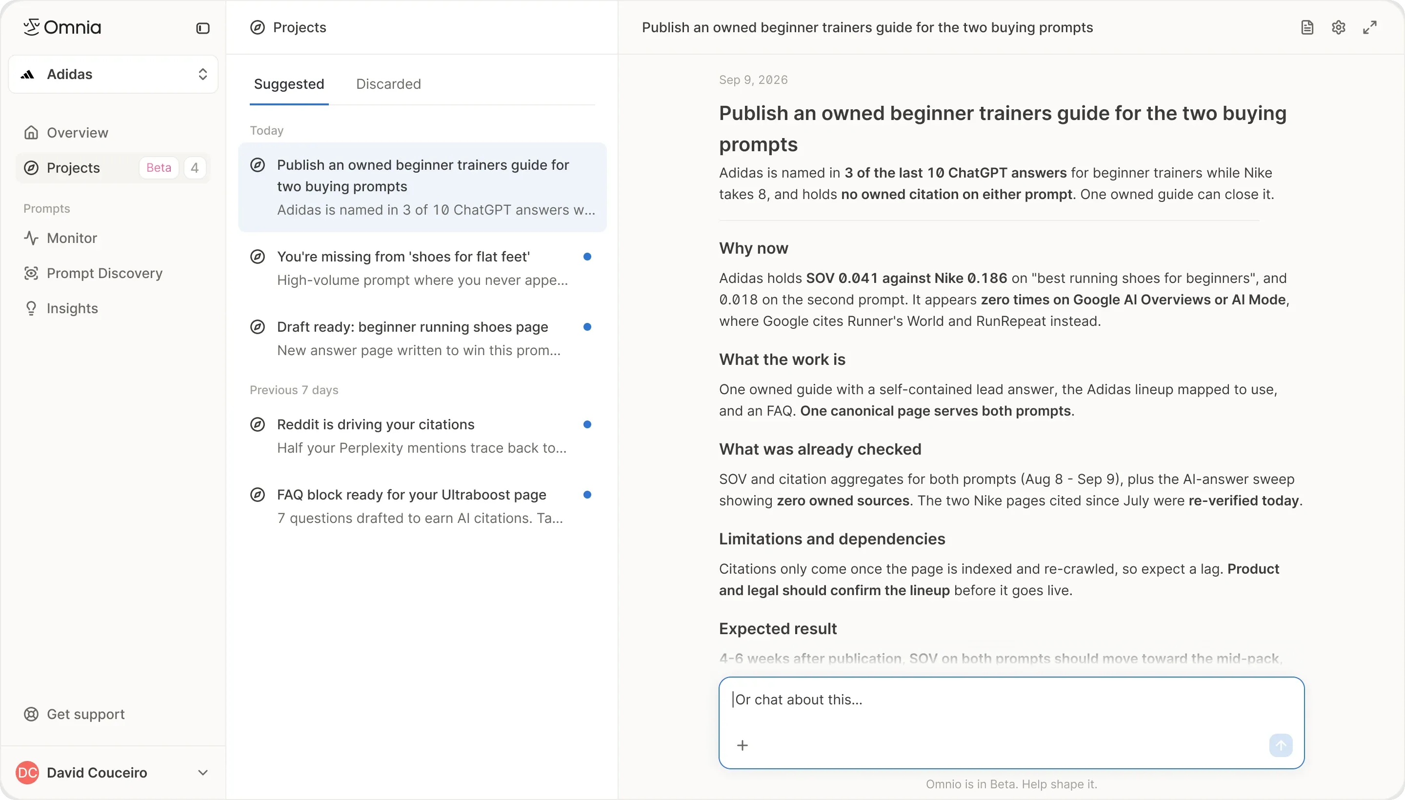 Omnia Projects view with the Suggested list and an opened suggestion explaining why now, the work, what was already checked and the expected result