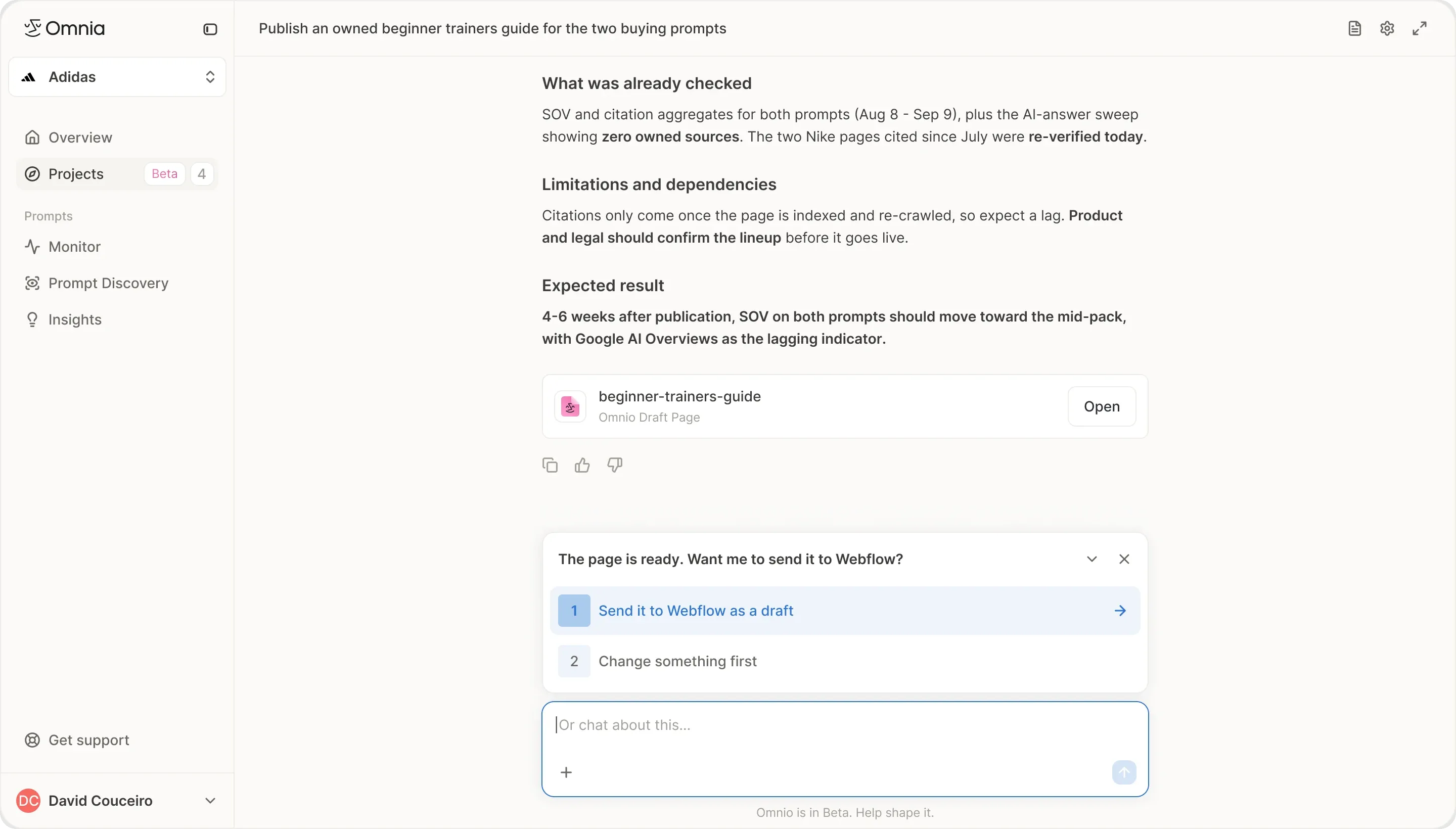 Omnia Agent conversation with a drafted beginner trainers guide page, asking for approval to send it to Webflow as a draft or change something first