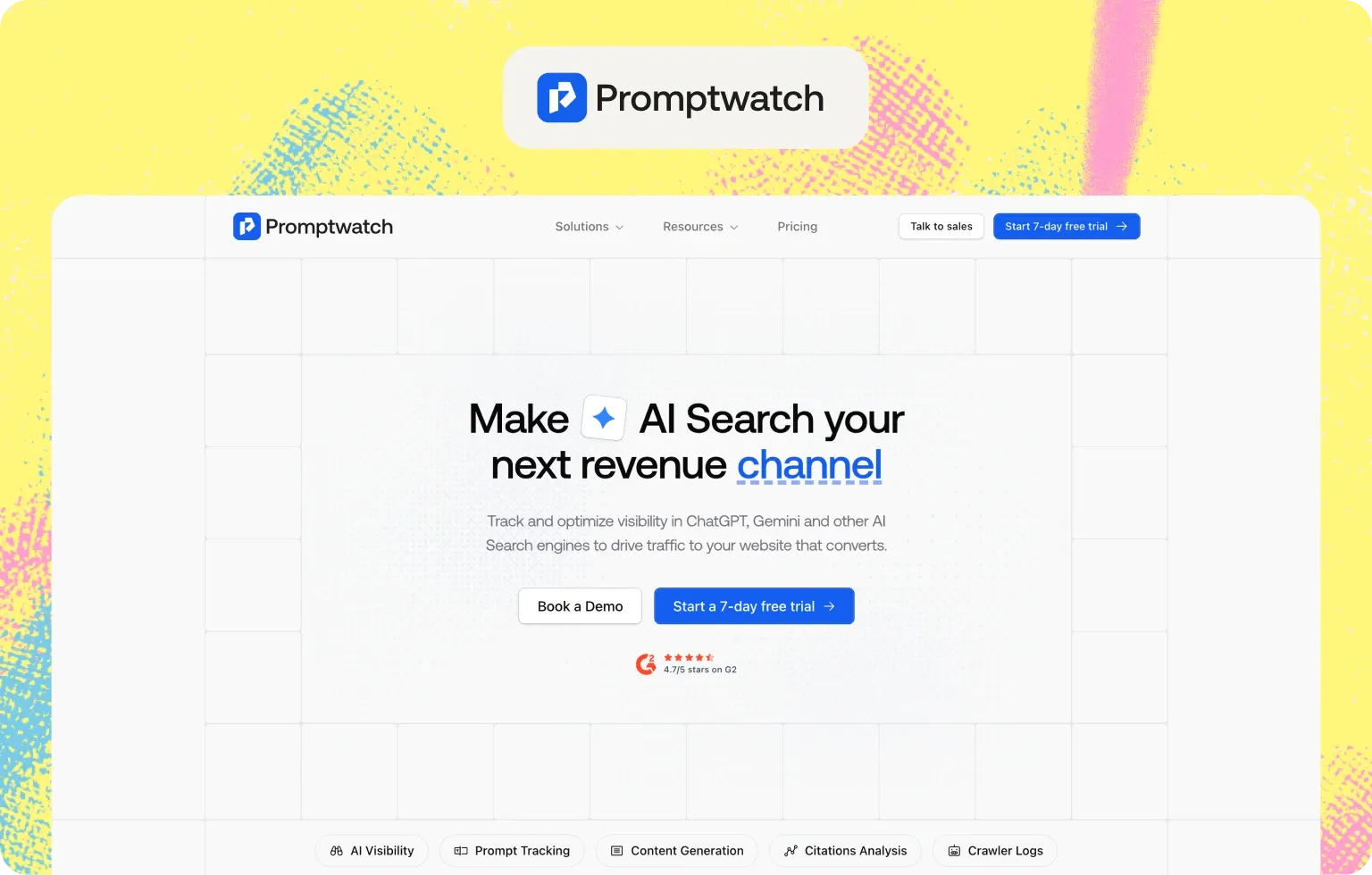 Promptwatch homepage: “Make AI Search your next revenue channel”, with features for AI visibility, prompt tracking, citations and crawler logs