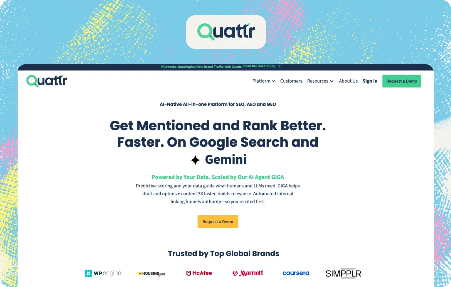Quattr homepage, “Get Mentioned and Rank Better”, presenting an AI-native platform for SEO, AEO and GEO with its AI agent GIGA