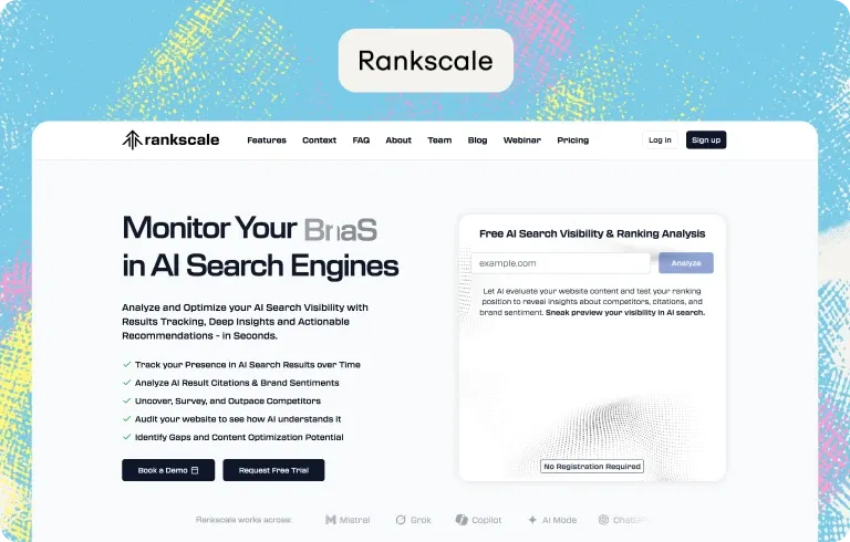 Rankscale home page: “Monitor your brand in AI search engines”, with a free AI search visibility and ranking analysis form