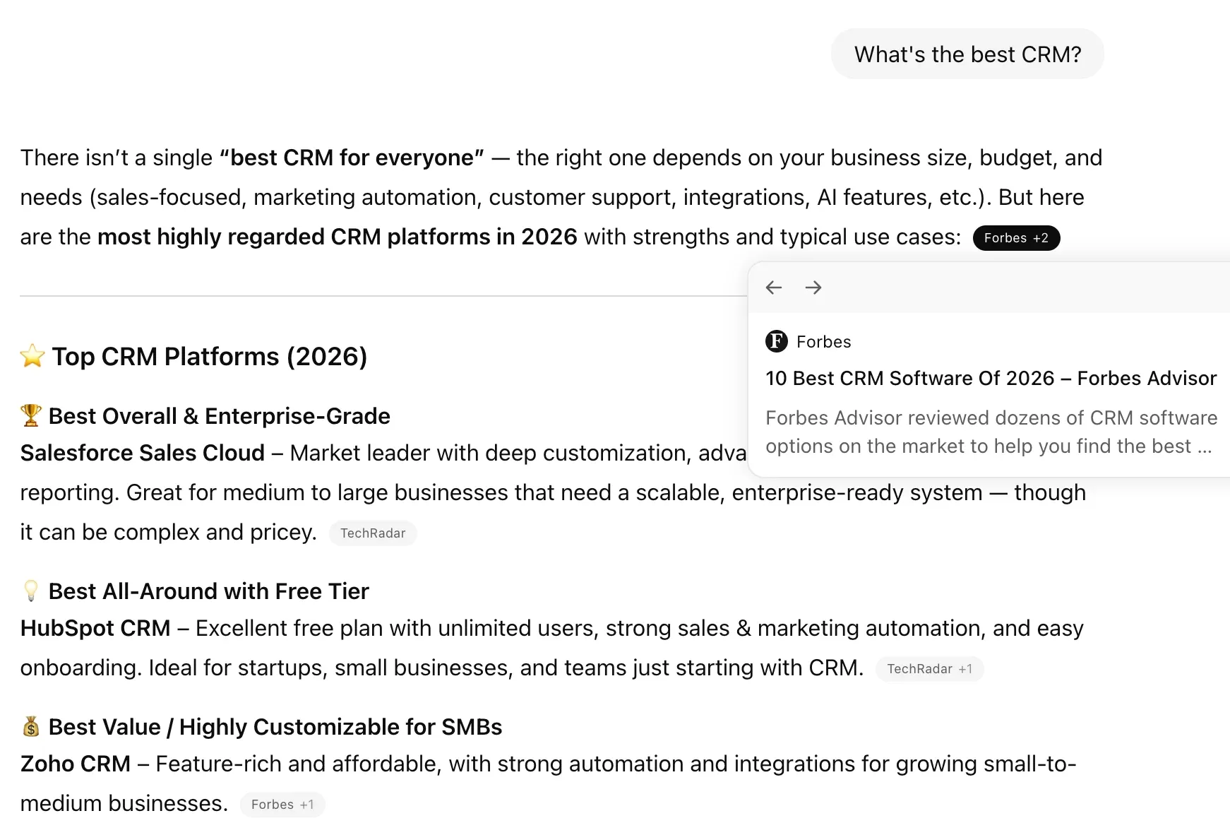 ChatGPT answer to “What's the best CRM?” citing Forbes Advisor and TechRadar as sources
