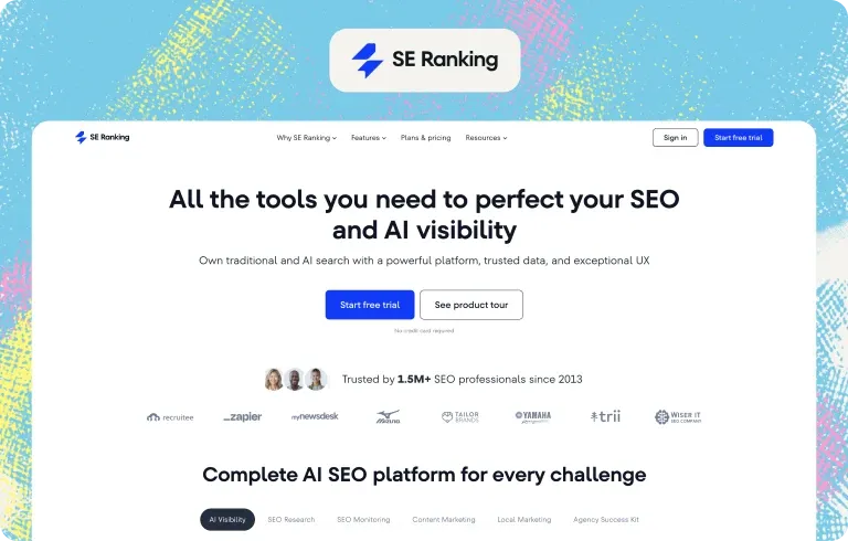 SE Ranking homepage, “All the tools you need to perfect your SEO and AI visibility”, with an AI Visibility tab among its features