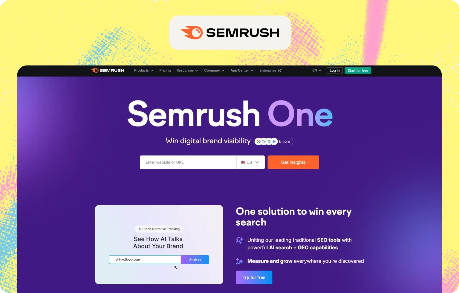 Semrush One home page pitching digital brand visibility, with AI brand narrative tracking that shows how AI talks about your brand