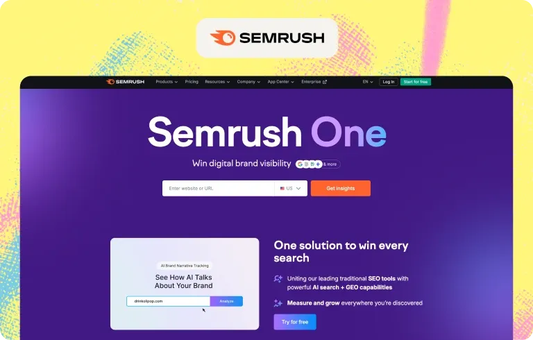 Semrush One homepage, “Win digital brand visibility”, combining traditional SEO tools with AI search and GEO capabilities