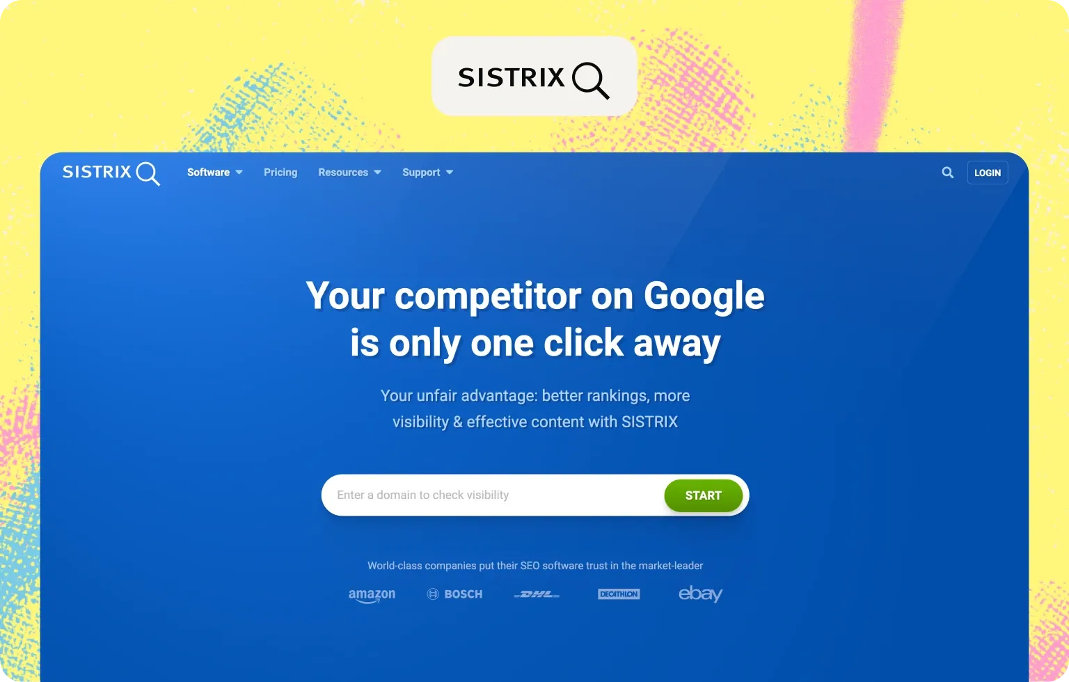 Sistrix homepage: “Your competitor on Google is only one click away”, with a field to check a domain’s visibility