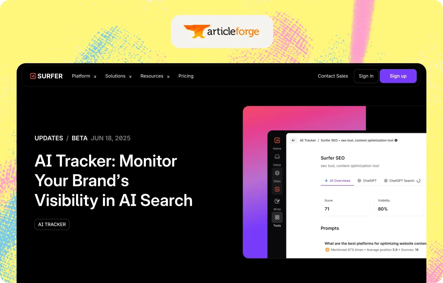 Article Forge logo above a screenshot of Surfer’s AI Tracker announcement page