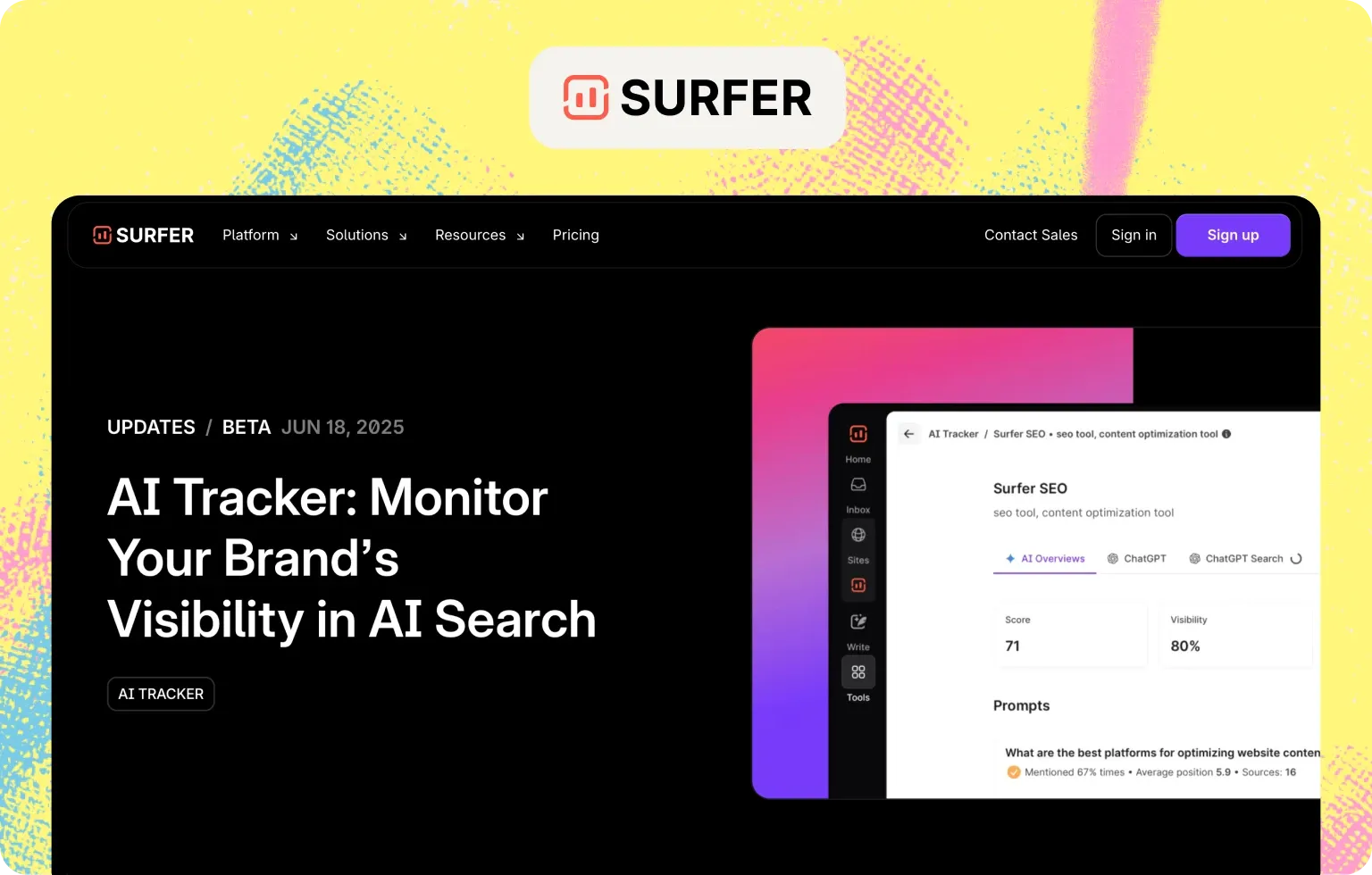Surfer announcement of AI Tracker for monitoring brand visibility in AI search, with a score of 71 and 80% visibility