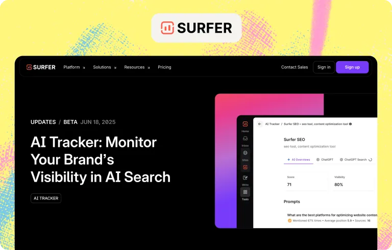 Surfer’s AI Tracker beta announcement, with a brand’s score, 80% visibility and tracked prompts across AI Overviews and ChatGPT