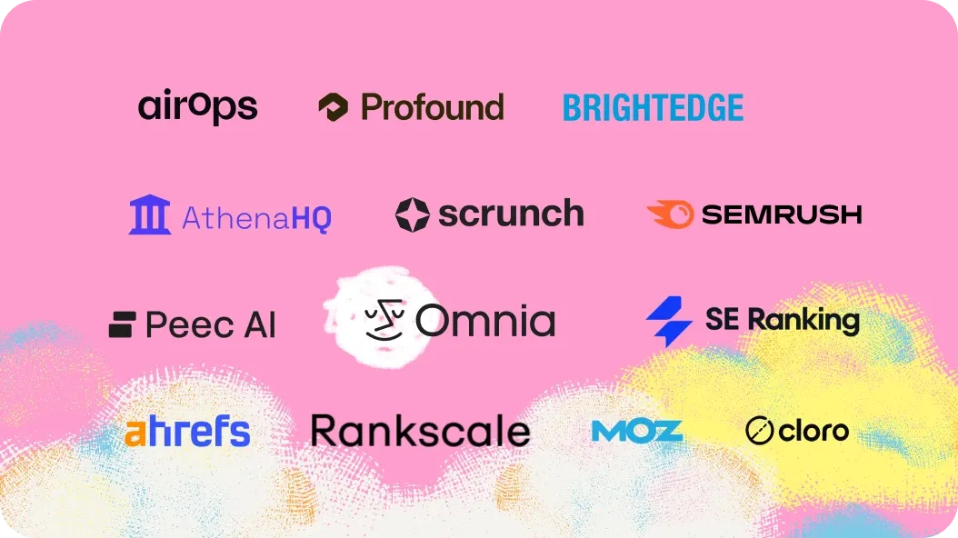 Logos of AirOps, Profound, BrightEdge, AthenaHQ, Scrunch, Semrush, Peec AI, Omnia, SE Ranking, Ahrefs, Rankscale, Moz and cloro